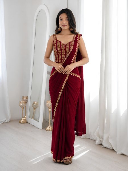 Organic Maroon Designer Ready to Wear Crepe Silk Saree with Multi Thread Embroidery 