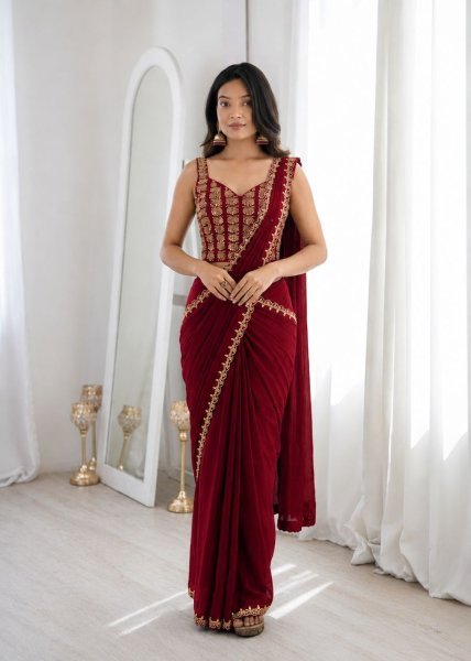 Organic Maroon Designer Ready to Wear Crepe Silk Saree with Multi Thread Embroidery Ready To Wear Saree 