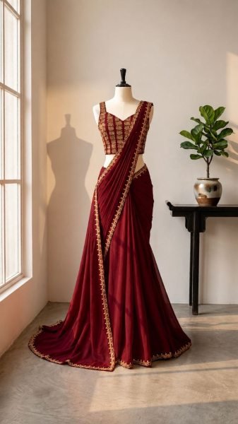 Organic Maroon Designer Ready to Wear Crepe Silk Saree with Multi Thread Embroidery Ready To Wear Saree 