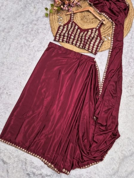 Organic Maroon Designer Ready to Wear Crepe Silk Saree with Multi Thread Embroidery Ready To Wear Saree 