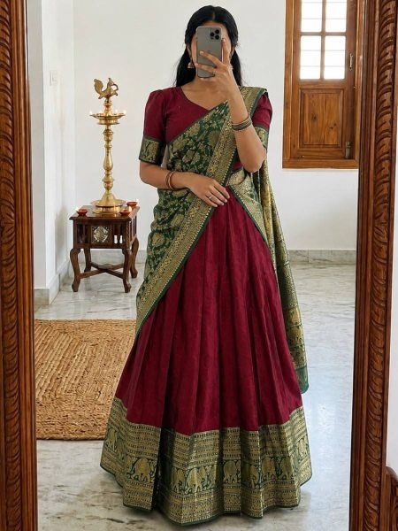 Organic Maroon Heavy Lichi Silk Lehenga Choli with Woven Zari Border for Wedding Wear 
