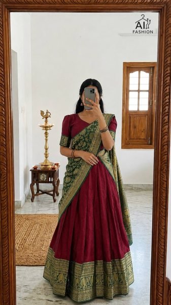 Organic Maroon Heavy Lichi Silk Lehenga Choli with Woven Zari Border for Wedding Wear Half Saree Lehenga