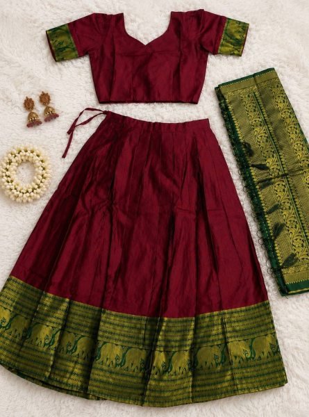 Organic Maroon Heavy Lichi Silk Lehenga Choli with Woven Zari Border for Wedding Wear Half Saree Lehenga