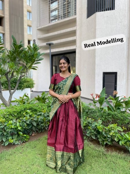 Organic Maroon Heavy Lichi Silk Lehenga Choli with Woven Zari Border for Wedding Wear Half Saree Lehenga