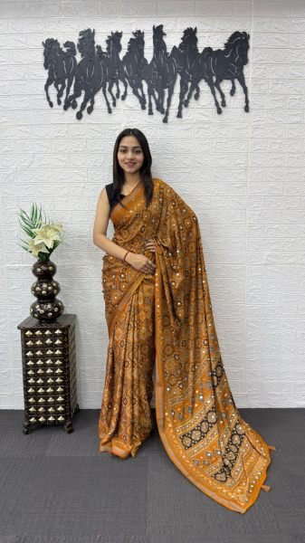 Organic Mustered Yellow Cotton Saree with Real Mirror Work for Women Ethnic Collection Printed Cotton Sarees Wholesale