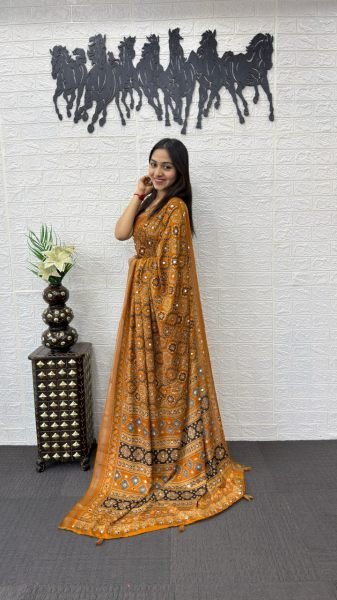 Organic Mustered Yellow Cotton Saree with Real Mirror Work for Women Ethnic Collection Printed Cotton Sarees Wholesale