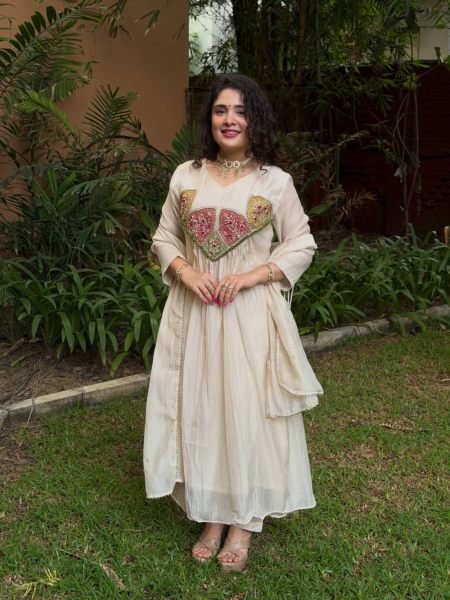 Organic OffWhite Mal Chanderi Embroidered Suit with Matching Dupatta Ready To Wear Suit
