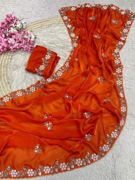 Organic Orange Fandy Satin Saree with Embroidered Blouse for Party Wear 