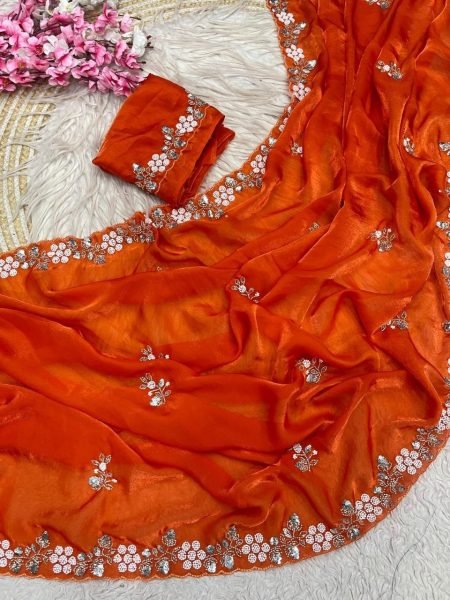 Organic Orange Fandy Satin Saree with Embroidered Blouse for Party Wear Bollywood Fancy Sarees Wholesale