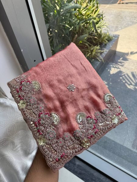 Organic Orange Fendy Chiffon Saree with Embroidered Blouse for Women Pure Chiffon Sarees Wholesale