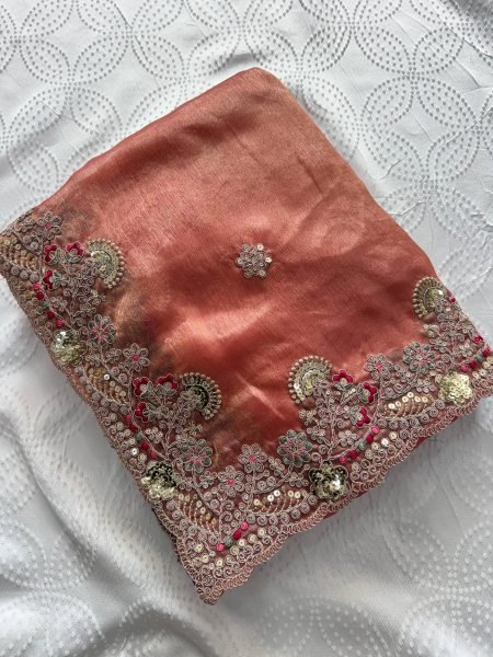 Organic Orange Fendy Chiffon Saree with Embroidered Blouse for Women Pure Chiffon Sarees Wholesale