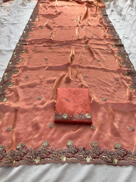 Organic Orange Fendy Chiffon Saree with Embroidered Blouse for Women Pure Chiffon Sarees Wholesale