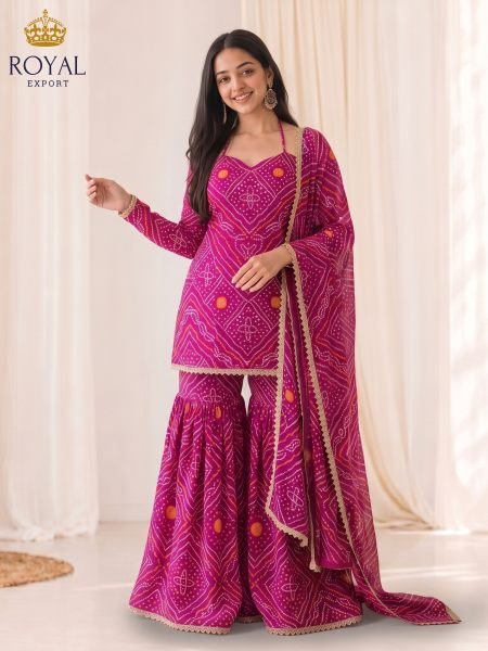 Organic Pink Fully Stitched Bandhani Sharara Set with Gota Patti Work 