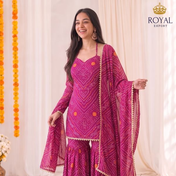 Organic Pink Fully Stitched Bandhani Sharara Set with Gota Patti Work 3 Piece Kurti Set