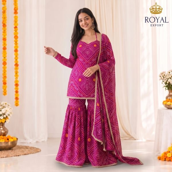 Organic Pink Fully Stitched Bandhani Sharara Set with Gota Patti Work 3 Piece Kurti Set