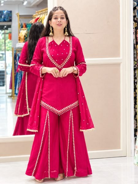 Organic Pink Fully Stitched Roman Glass Top Plazzo Set with Real Mirror Work For Diwali  
