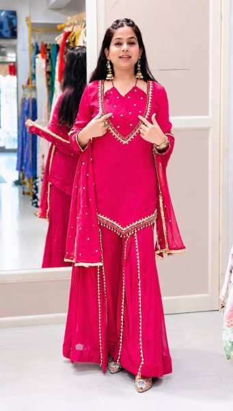 Organic Pink Fully Stitched Roman Glass Top Plazzo Set with Real Mirror Work For Diwali  Ready To Wear Collection