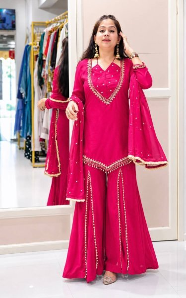 Organic Pink Fully Stitched Roman Glass Top Plazzo Set with Real Mirror Work For Diwali  Ready To Wear Collection
