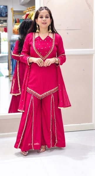 Organic Pink Fully Stitched Roman Glass Top Plazzo Set with Real Mirror Work For Diwali  Ready To Wear Collection