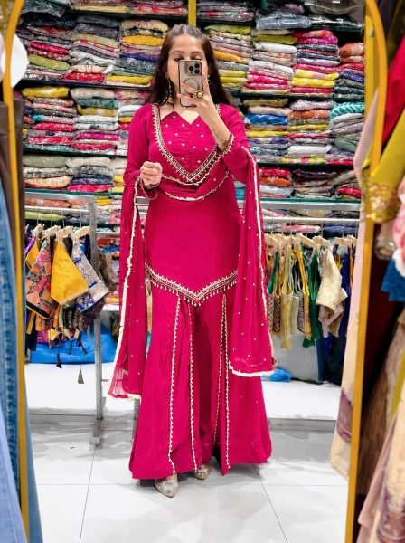 Organic Pink Fully Stitched Roman Glass Top Plazzo Set with Real Mirror Work For Diwali  Ready To Wear Collection