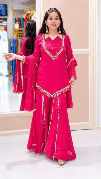 Organic Pink Fully Stitched Roman Glass Top Plazzo Set with Real Mirror Work For Diwali  Ready To Wear Collection