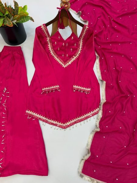 Organic Pink Fully Stitched Roman Glass Top Plazzo Set with Real Mirror Work For Diwali  Ready To Wear Collection
