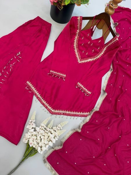 Organic Pink Fully Stitched Roman Glass Top Plazzo Set with Real Mirror Work For Diwali  Ready To Wear Collection