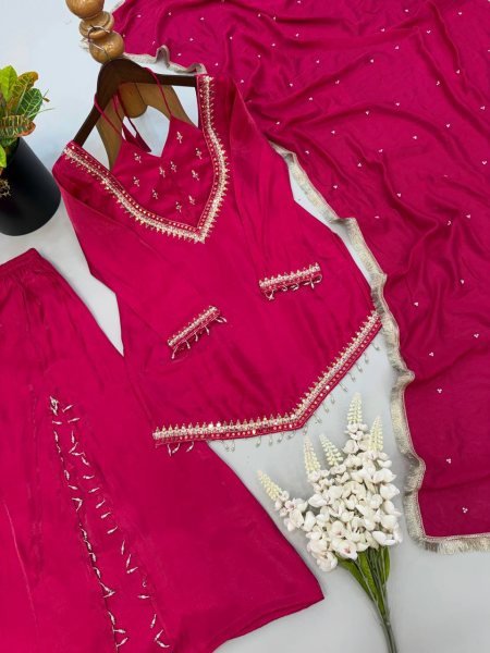 Organic Pink Fully Stitched Roman Glass Top Plazzo Set with Real Mirror Work For Diwali  Ready To Wear Collection