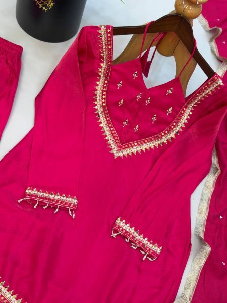 Organic Pink Fully Stitched Roman Glass Top Plazzo Set with Real Mirror Work For Diwali  Ready To Wear Collection