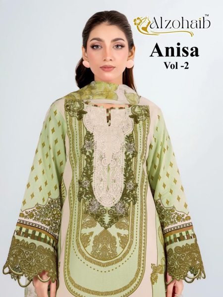 Organic Pista Cotton Patch Work Top with Semi Lawn Bottom at Pakistai Festival Pakistani Suits Wholesale