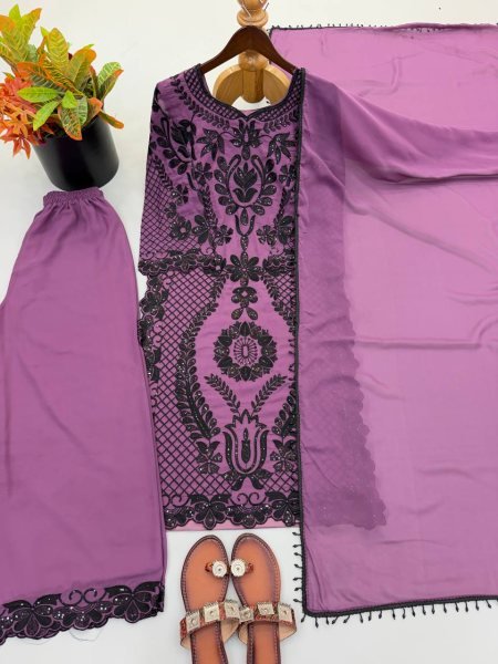 Organic Purple Georgette Pakistani Suits Set With Chain Work On Front Side At Wholesale Rate Ready To Wear Collection