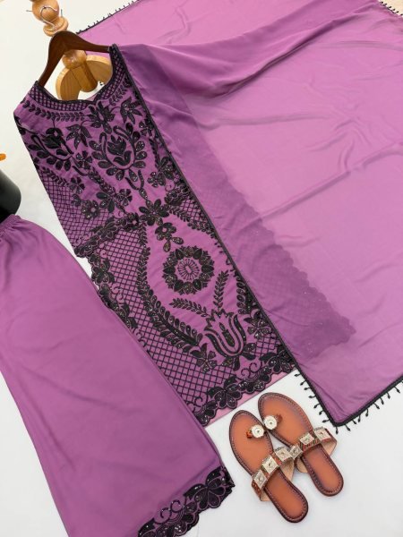 Organic Purple Georgette Pakistani Suits Set With Chain Work On Front Side At Wholesale Rate Ready To Wear Collection