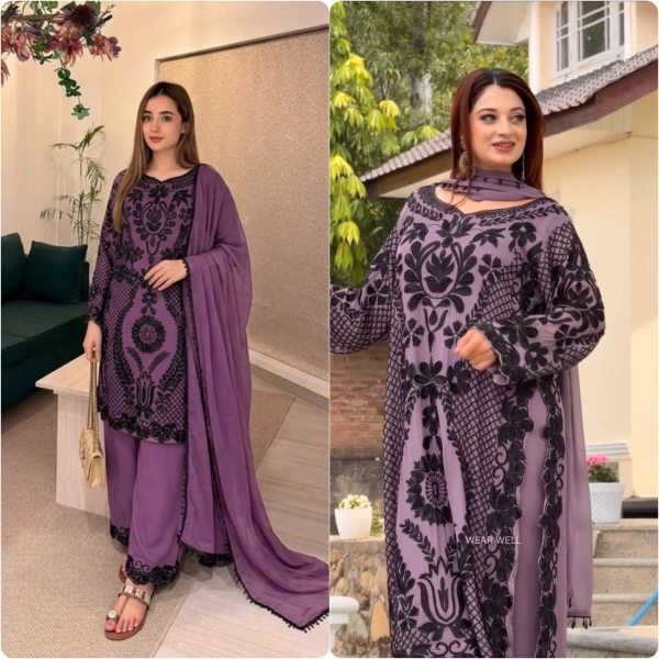 Organic Purple Georgette Pakistani Suits Set With Chain Work On Front Side At Wholesale Rate Ready To Wear Collection