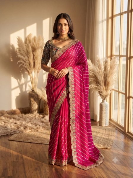 Organic Rani Pink Space Silk Beads Sequins Zari Embroidery Saree For Wedding Wear 