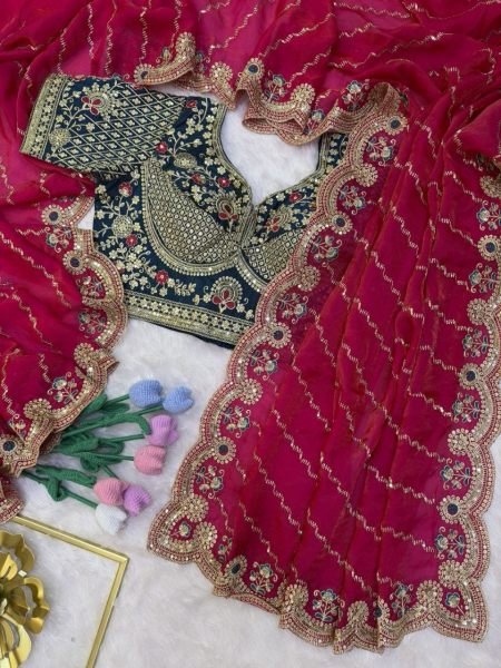 Organic Rani Pink Space Silk Beads Sequins Zari Embroidery Saree For Wedding Wear Designer Wedding Sarees Wholesale