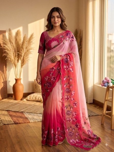 Organic Red Floral Print Tebby Silk Saree with Designer Handwork Blouse For Bulk Order Silk Sarees Wholesale
