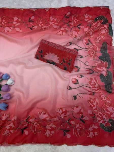 Organic Red Floral Print Tebby Silk Saree with Designer Handwork Blouse For Bulk Order Silk Sarees Wholesale