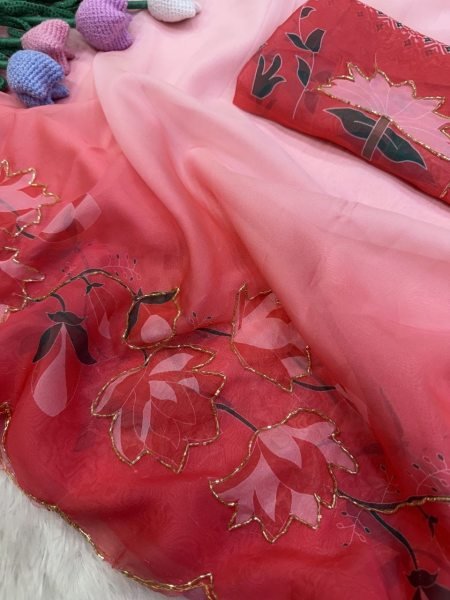 Organic Red Floral Print Tebby Silk Saree with Designer Handwork Blouse For Bulk Order Silk Sarees Wholesale