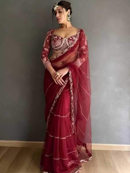 Organic Red Net Saree with Heavy Diamond Work Lace Border For Wedding