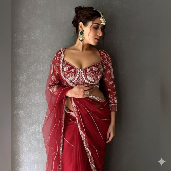 Organic Red Net Saree with Heavy Diamond Work Lace Border For Wedding Designer Wedding Sarees Wholesale