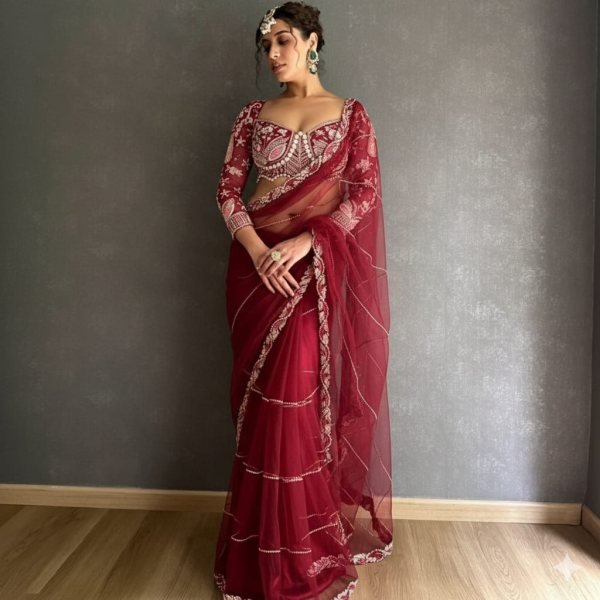 Organic Red Net Saree with Heavy Diamond Work Lace Border For Wedding Designer Wedding Sarees Wholesale