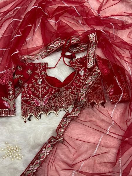 Organic Red Net Saree with Heavy Diamond Work Lace Border For Wedding Designer Wedding Sarees Wholesale