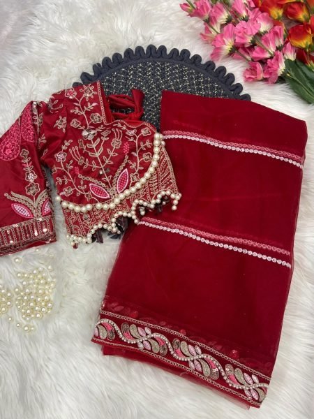 Organic Red Net Saree with Heavy Diamond Work Lace Border For Wedding Designer Wedding Sarees Wholesale