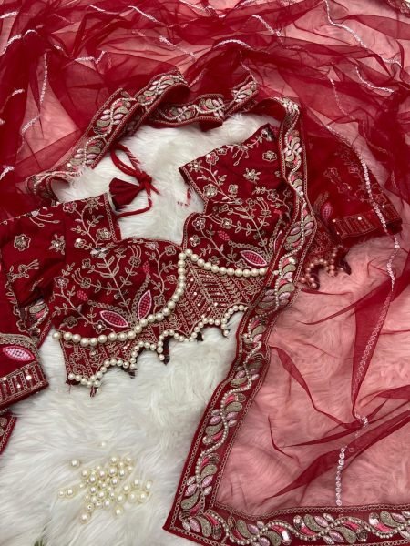 Organic Red Net Saree with Heavy Diamond Work Lace Border For Wedding Designer Wedding Sarees Wholesale