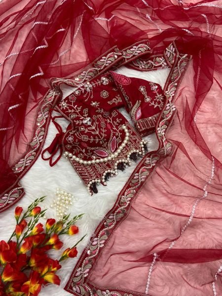 Organic Red Net Saree with Heavy Diamond Work Lace Border For Wedding Designer Wedding Sarees Wholesale