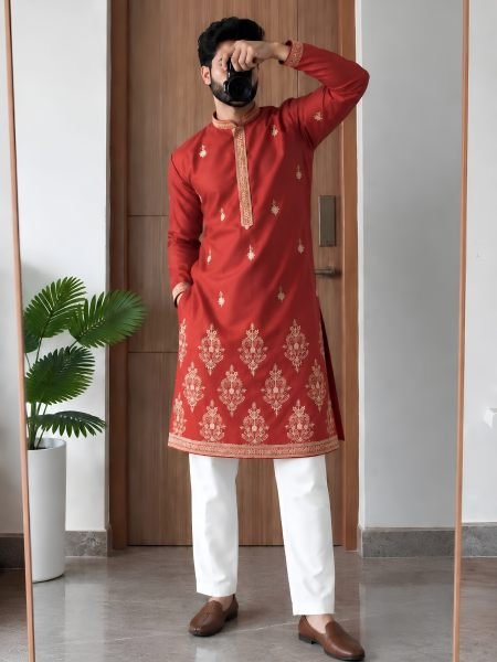 Organic Rust Royal Silk Men’s Ethnic Wear Kurta Pyjama Set For Wedding 