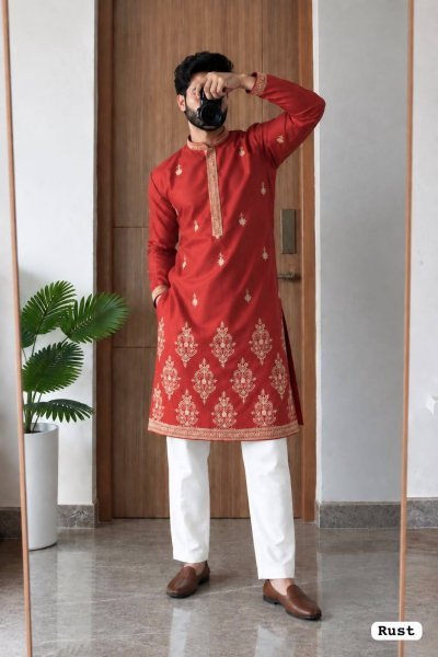 Organic Rust Royal Silk Men’s Ethnic Wear Kurta Pyjama Set For Wedding Kurta Pajama Wholesale