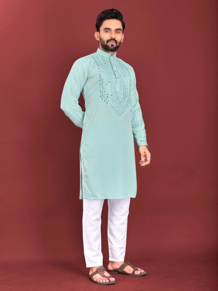 Organic Soft Silk Kurta for Men with Real Mirror Hand Embroidery and Cotton Pajama 
