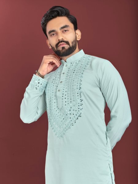 Organic Soft Silk Kurta for Men with Real Mirror Hand Embroidery and Cotton Pajama Kurta Pajama Wholesale