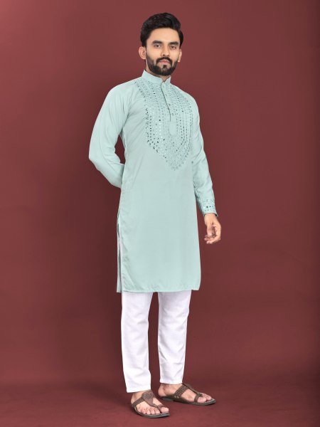 Organic Soft Silk Kurta for Men with Real Mirror Hand Embroidery and Cotton Pajama Kurta Pajama Wholesale